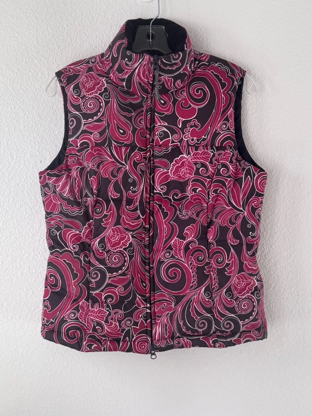 Athleta Down Puffer Vest Fleece High Collar L Black Pink Floral 2-Way Zipper